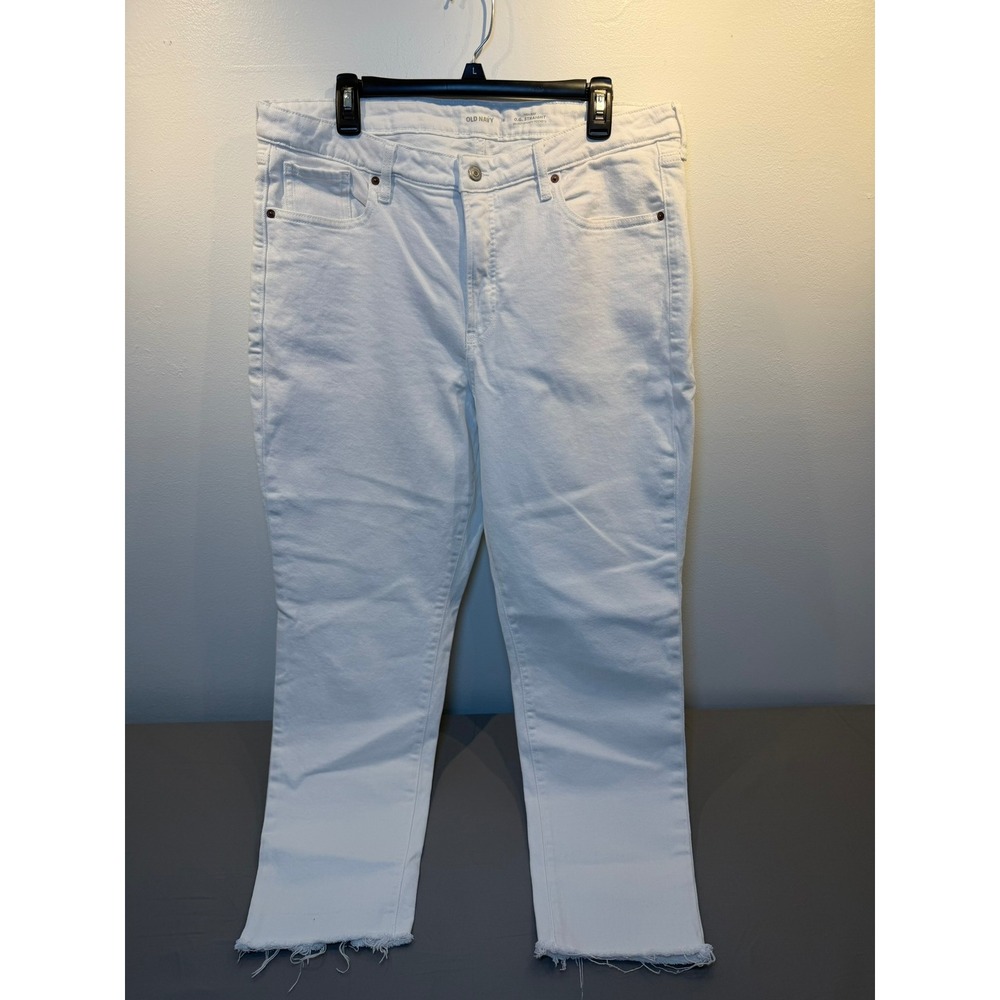 Old Navy OG Straight High Rise White Raw Hem Jeans Size 16 Womens Straight Leg
